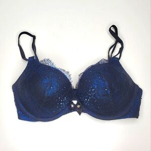Victoria's Secret 32C Bombshell Bra Blue Metallic Foil Crystal Swarovski Crystal